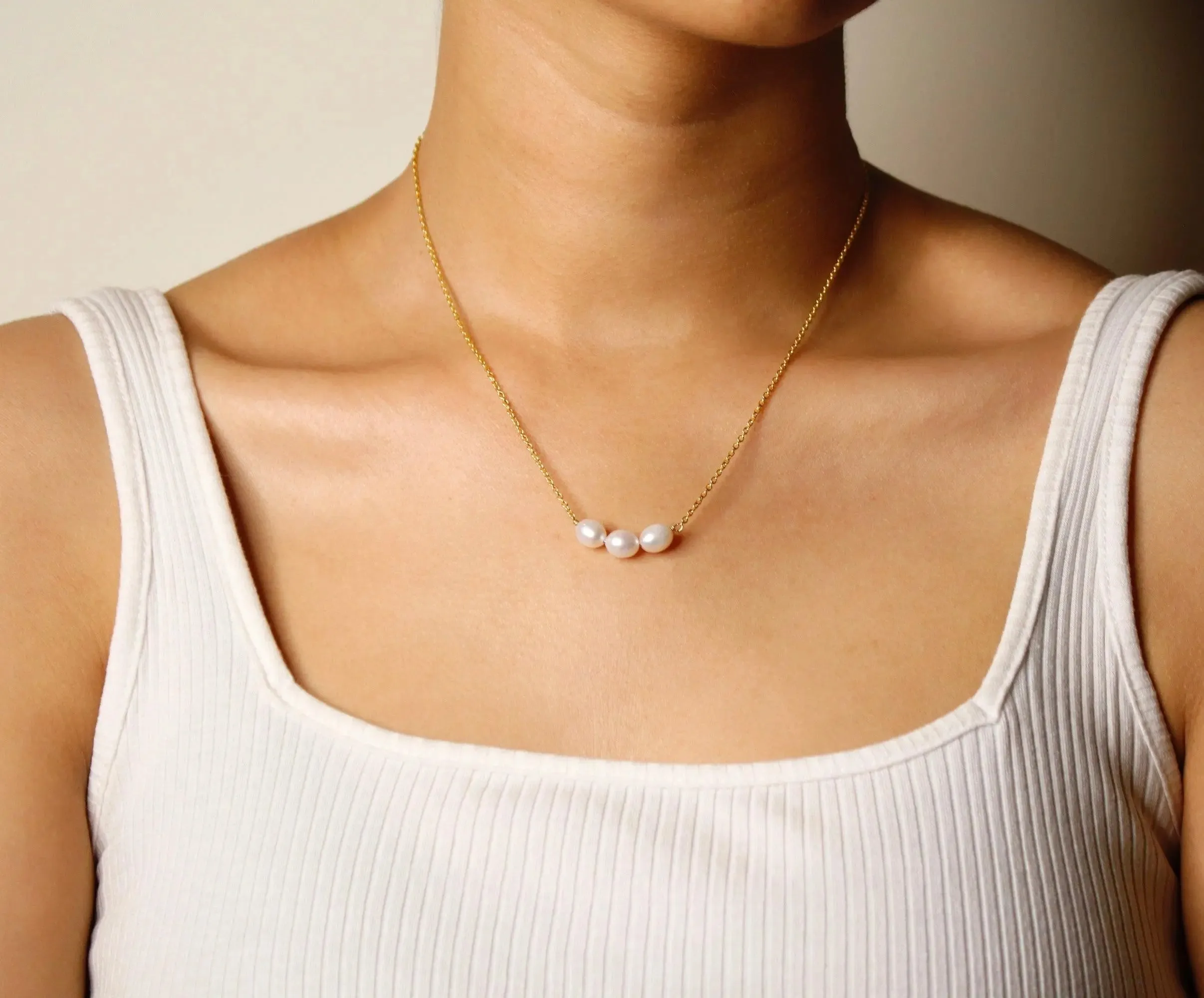 Natural White Pearl Trio Necklace| 925 Silver| Gold Plated - From Purl