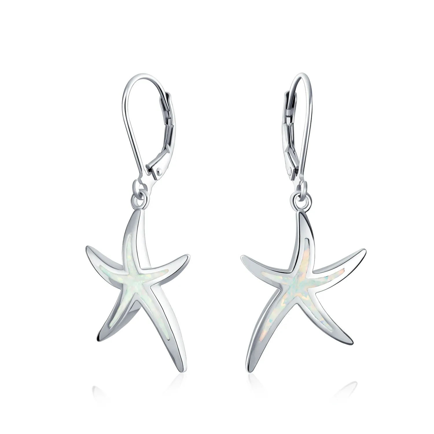 Nautical Starfish Dangle Gemstone Earrings with Opal Inlay in Sterling Silver