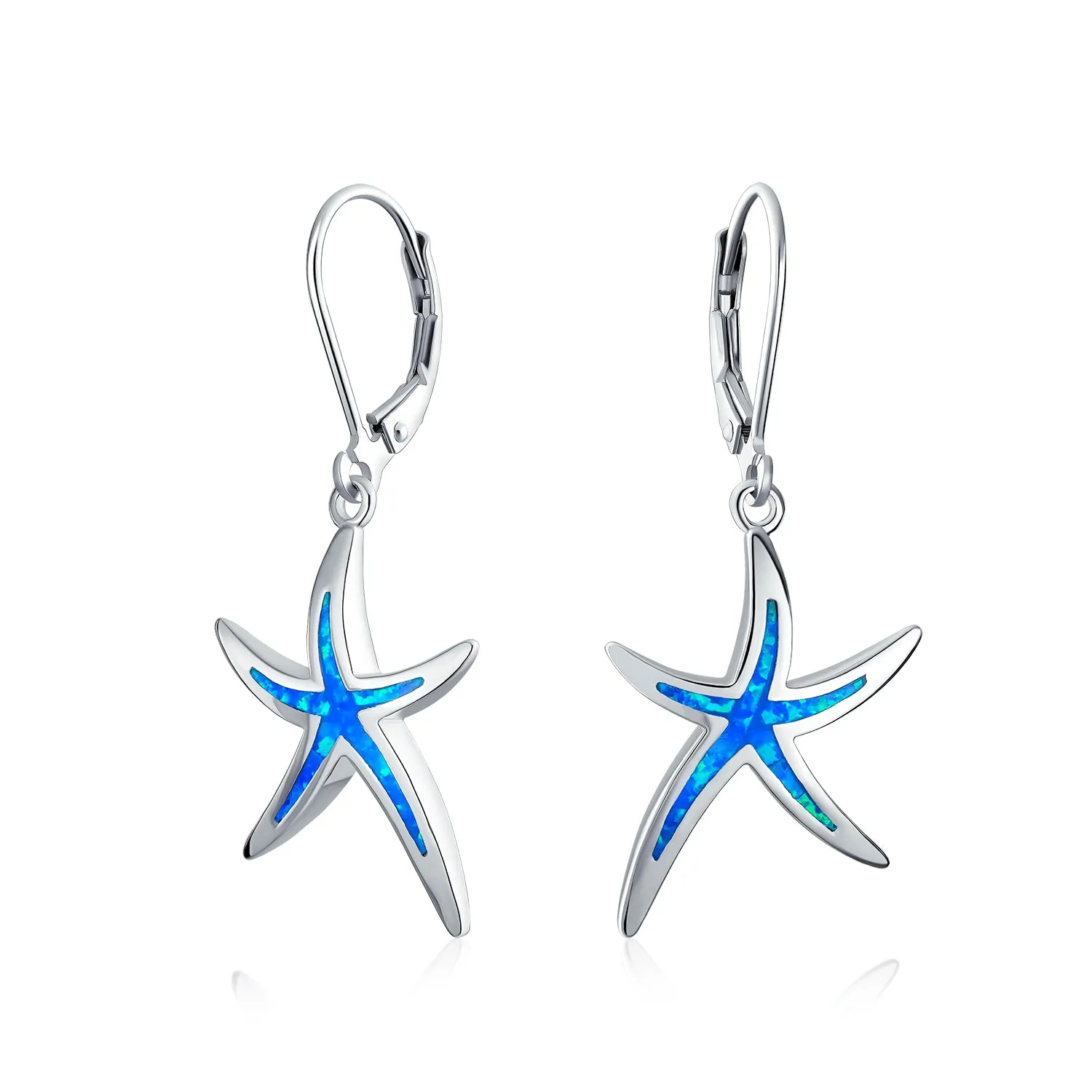 Nautical Starfish Dangle Gemstone Earrings with Opal Inlay in Sterling Silver