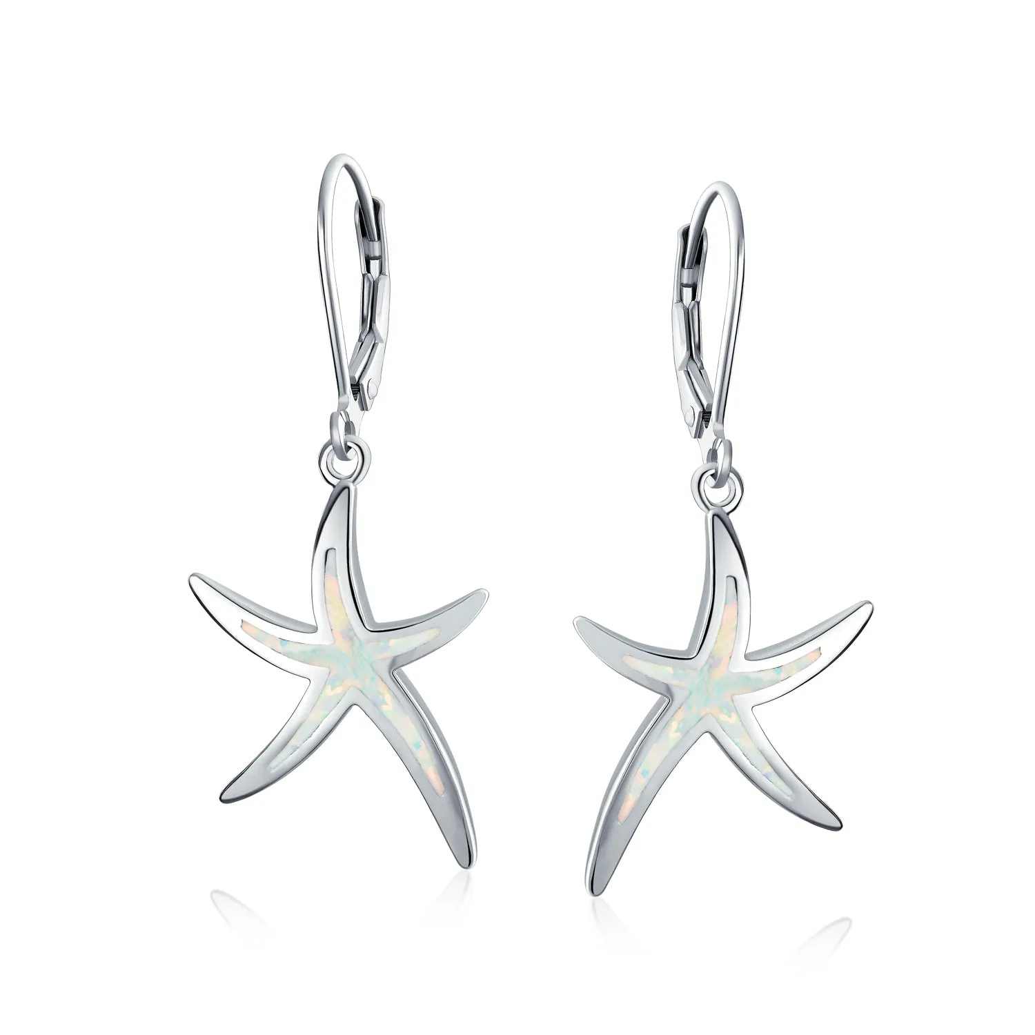 Nautical Starfish Dangle Gemstone Earrings with Opal Inlay in Sterling Silver