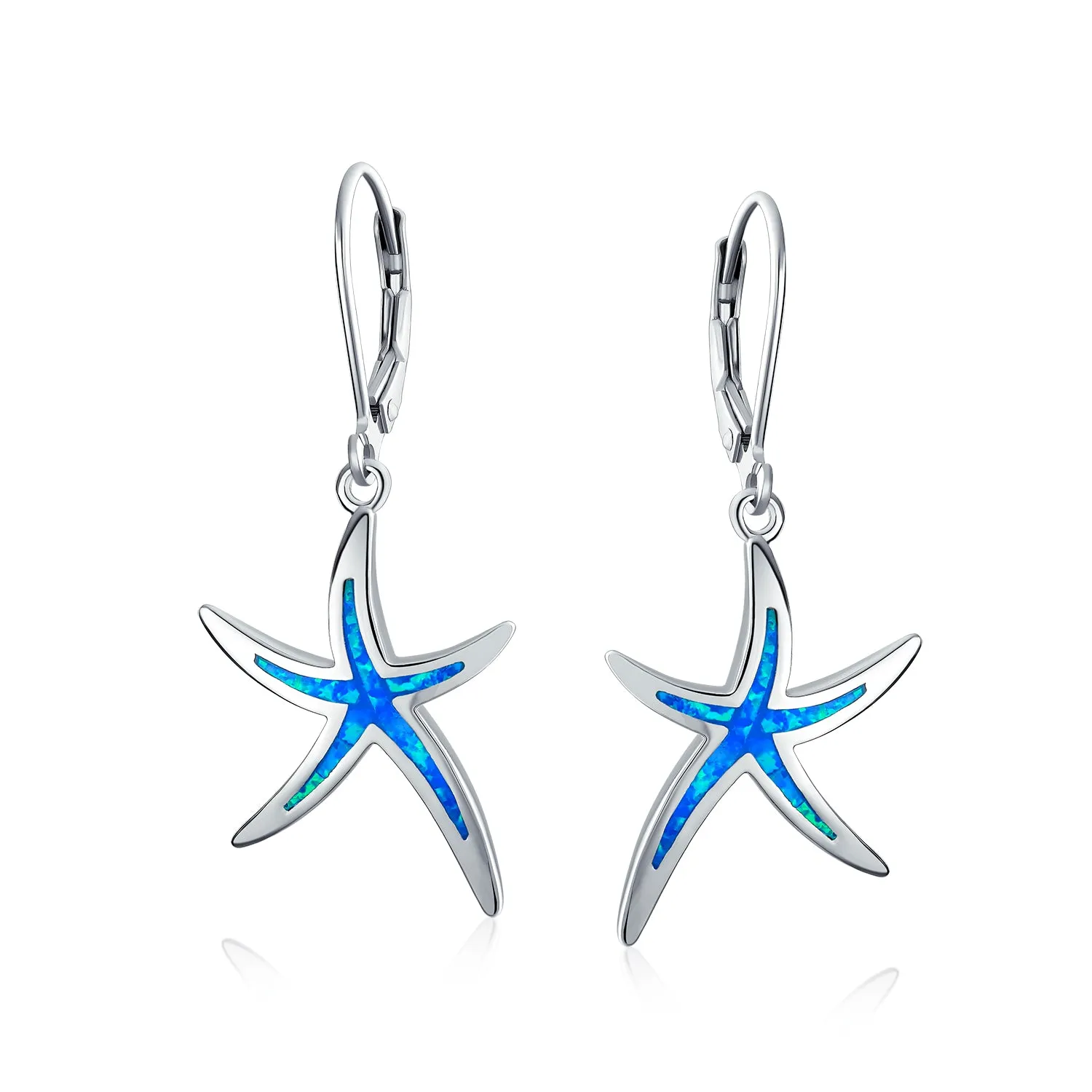 Nautical Starfish Dangle Gemstone Earrings with Opal Inlay in Sterling Silver