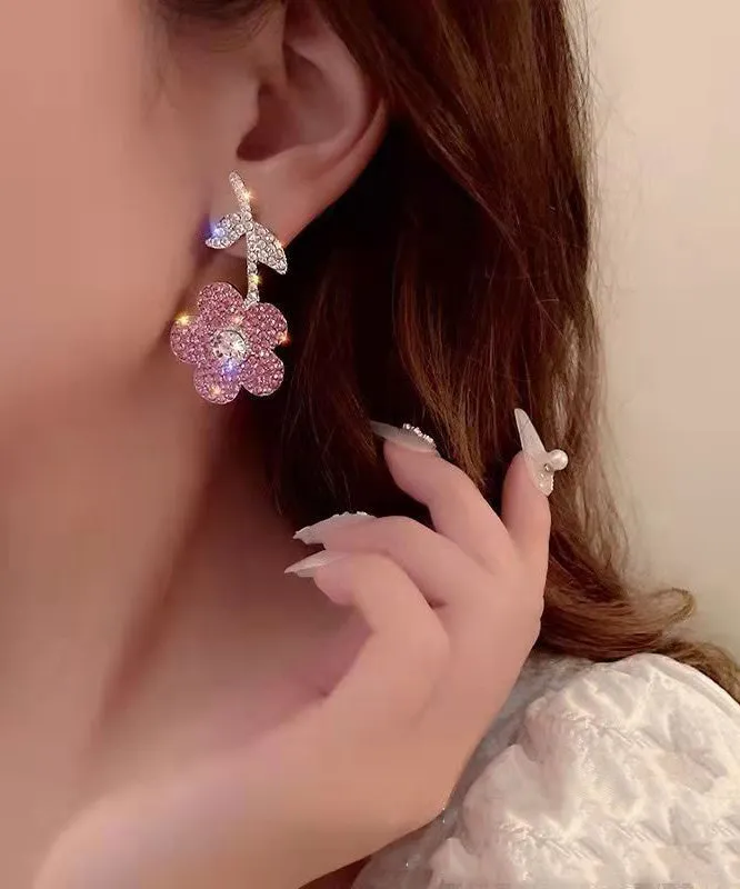 New Fashionable Pink Organza Flower Crystal Tassel Earrings GH1068