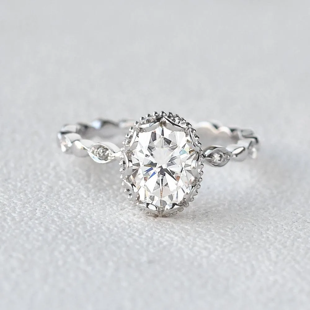 Oval Cut Moissanite Halo Milgrain Ring