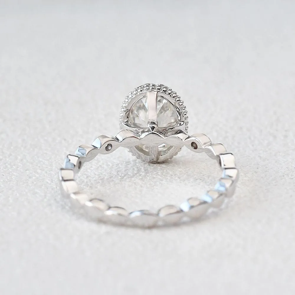 Oval Cut Moissanite Halo Milgrain Ring