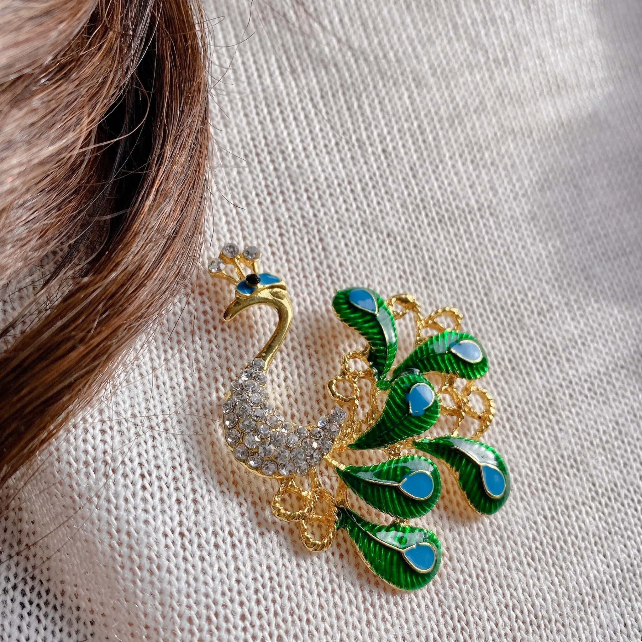 Peacock Brooch with Enamel and Crystal