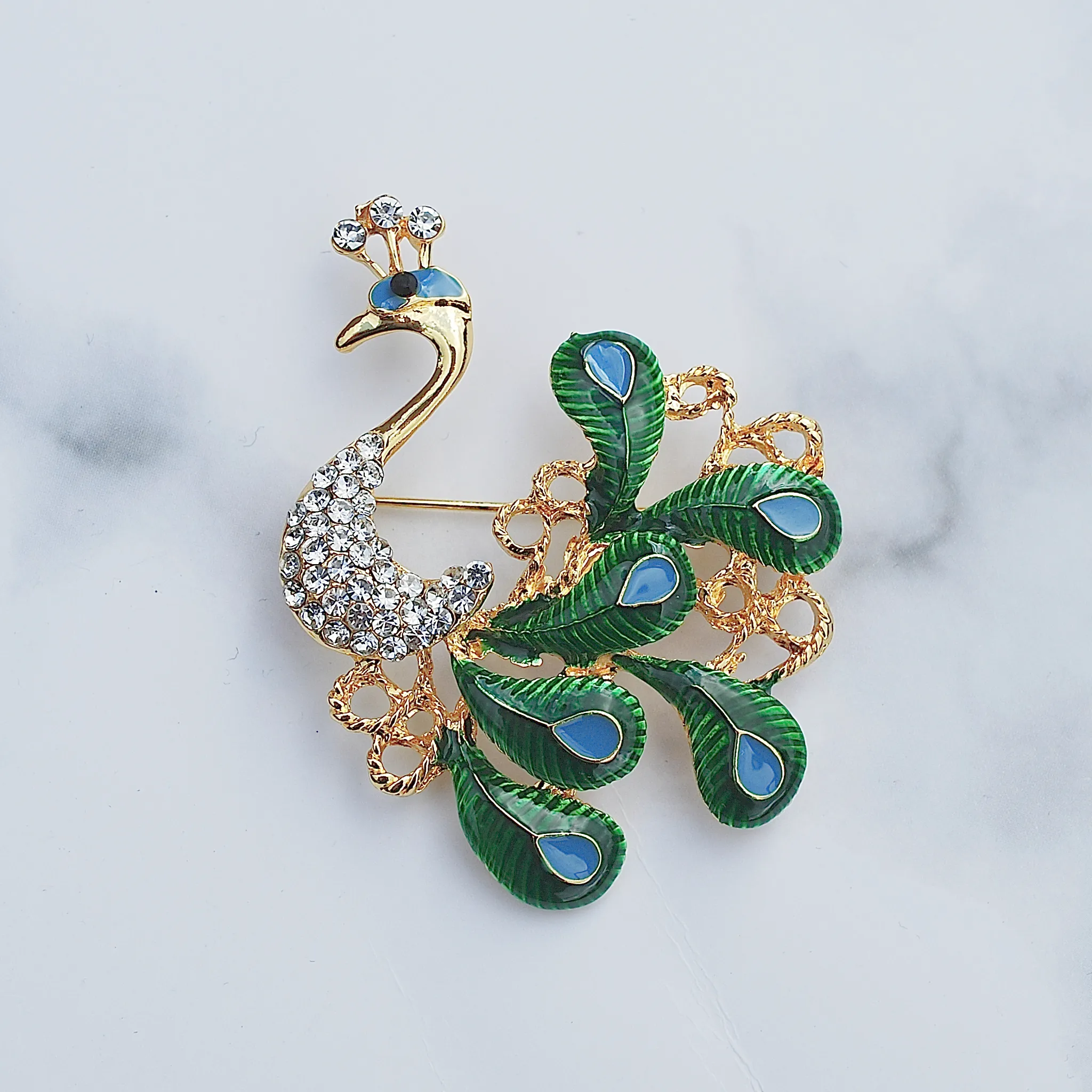 Peacock Brooch with Enamel and Crystal