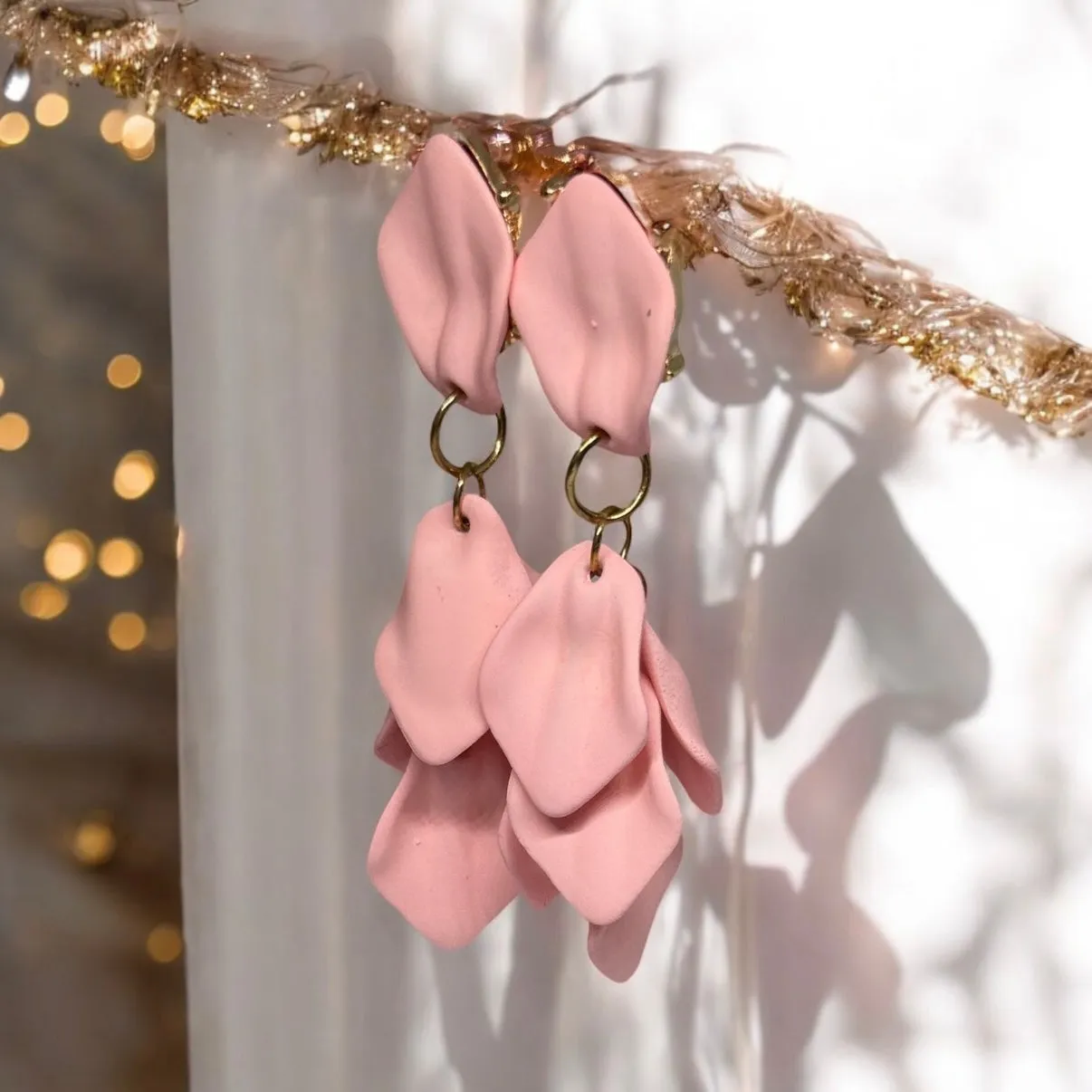 Pink - Baby soft pink petals earrings| unique flower earrings | matte frosted dangle earrings| bridal party wedding earrings