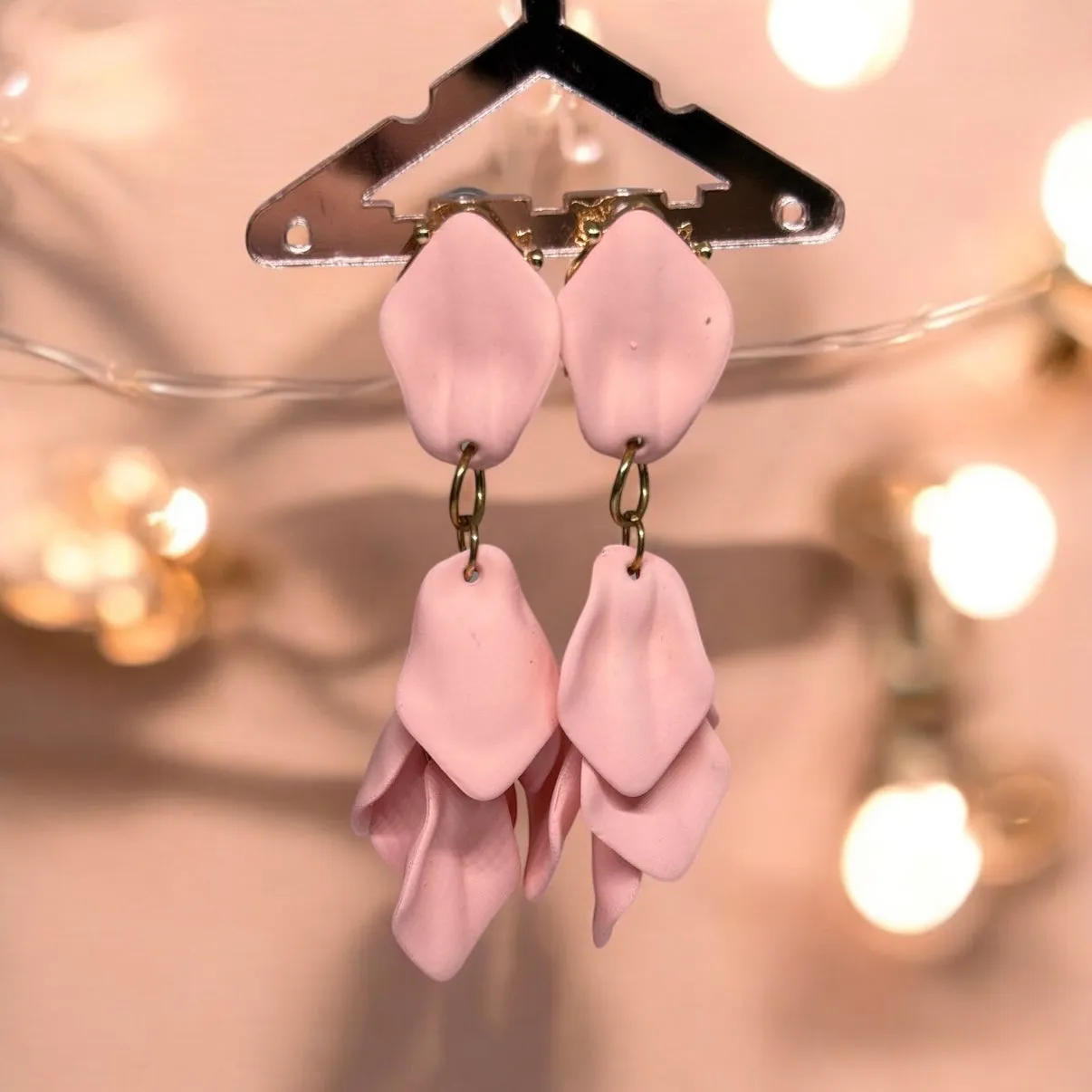 Pink - Baby soft pink petals earrings| unique flower earrings | matte frosted dangle earrings| bridal party wedding earrings