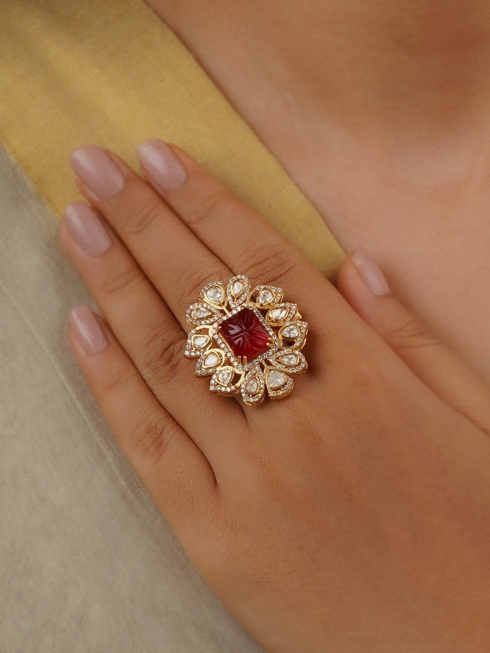 Red Color Gold Plated Faux Polki Ring - PK-R9R