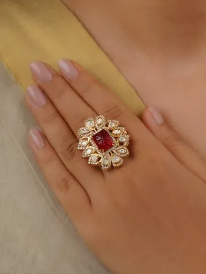 Red Color Gold Plated Faux Polki Ring - PK-R9R