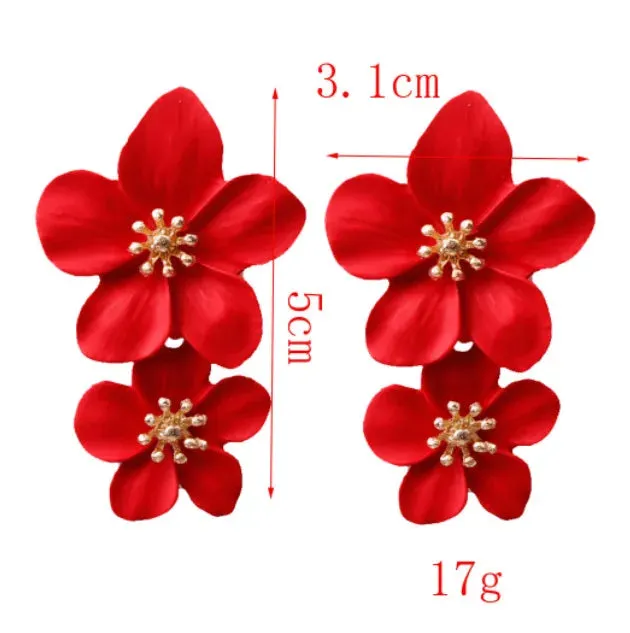 Red Color Hang Earrings for Women Summer Korean Flower Heart Leaf Metal Ear Wedding Party Jewelry Valentine's Day Girl Gift