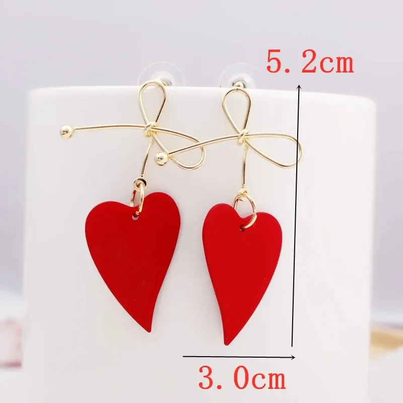 Red Color Hang Earrings for Women Summer Korean Flower Heart Leaf Metal Ear Wedding Party Jewelry Valentine's Day Girl Gift