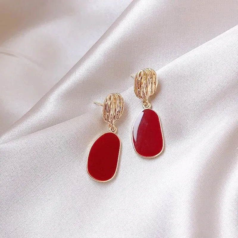 Red Color Hang Earrings for Women Summer Korean Flower Heart Leaf Metal Ear Wedding Party Jewelry Valentine's Day Girl Gift