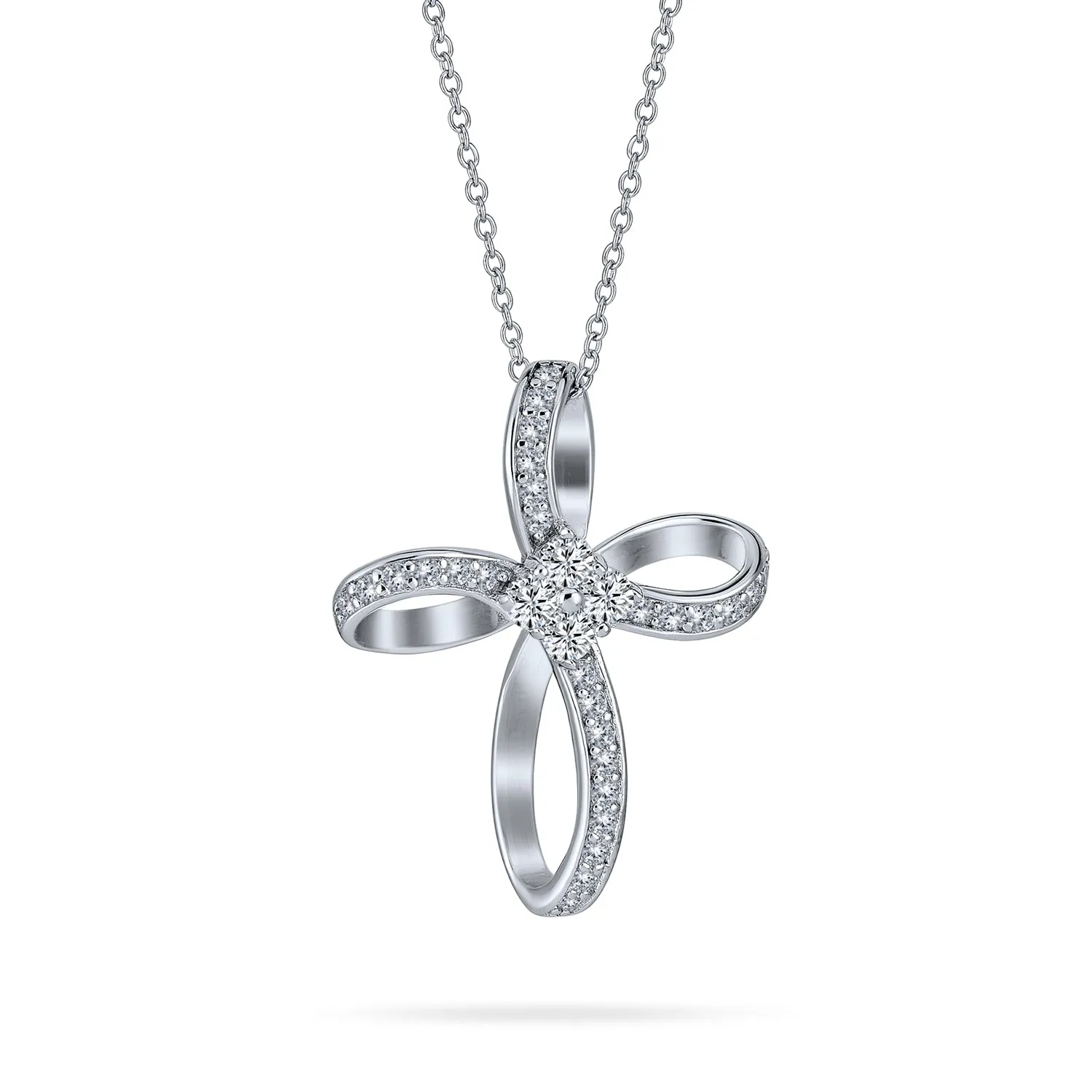 Ribbon Twist Infinity Cross Pendant Necklace CZ Sterling Silver for Teens