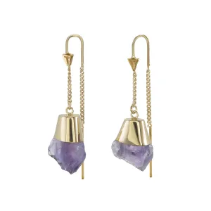 ROUGH AMETHYST CRYSTAL PULL THROUGH EARRINGS - GOLD