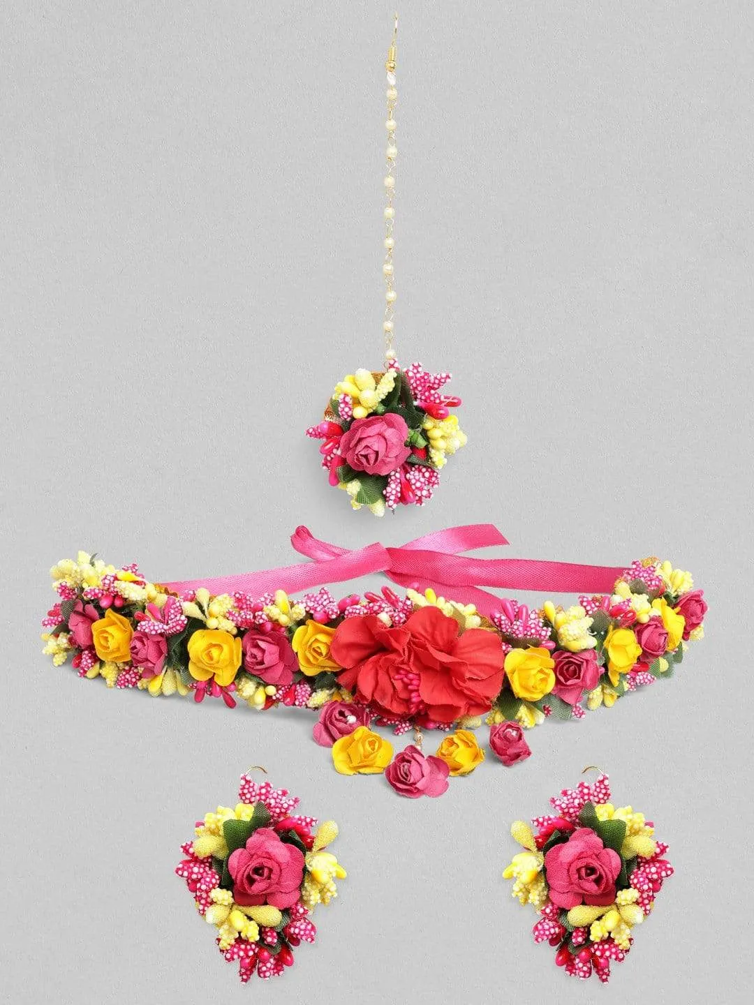 Rubans Floral Jewellery Set In Pink And Yellow Flowers For Haldi