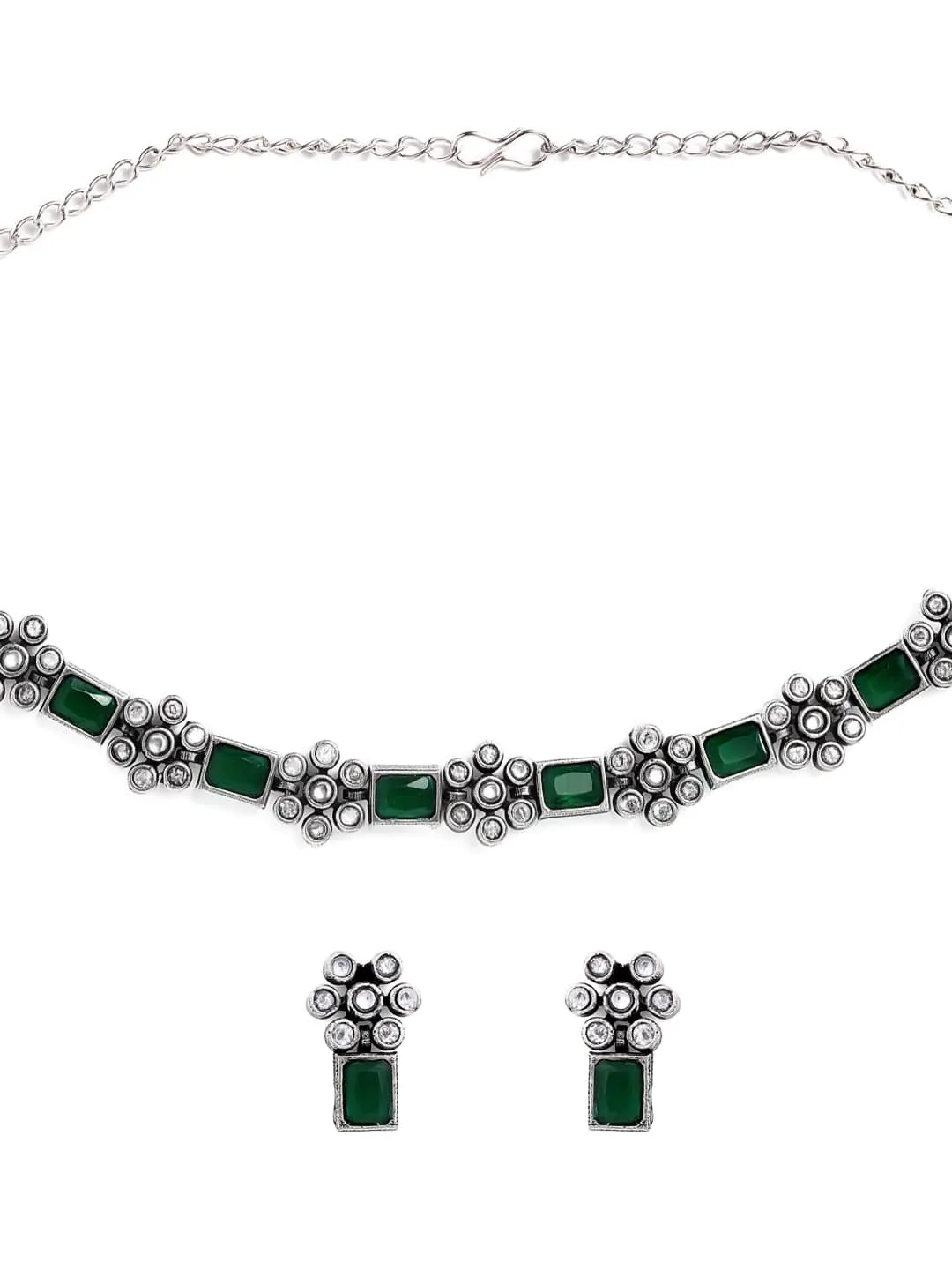 Rubans Oxidised Silver Plated Handcrafted Green Stone Floral Necklace Set