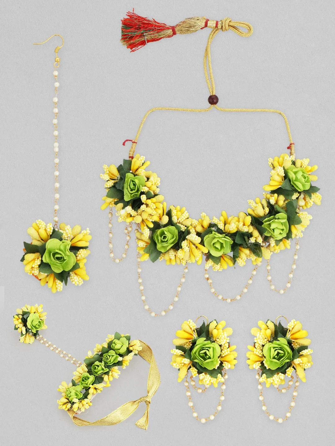 Rubans Yellow & Green Floral Haldi Wedding Necklace Jewellery Set