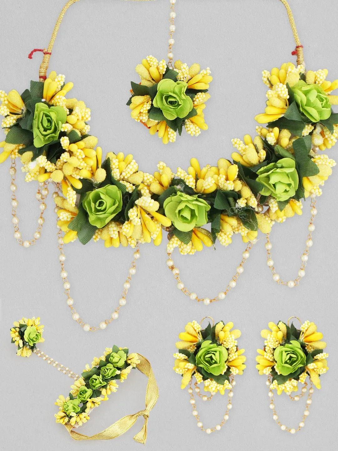 Rubans Yellow & Green Floral Haldi Wedding Necklace Jewellery Set