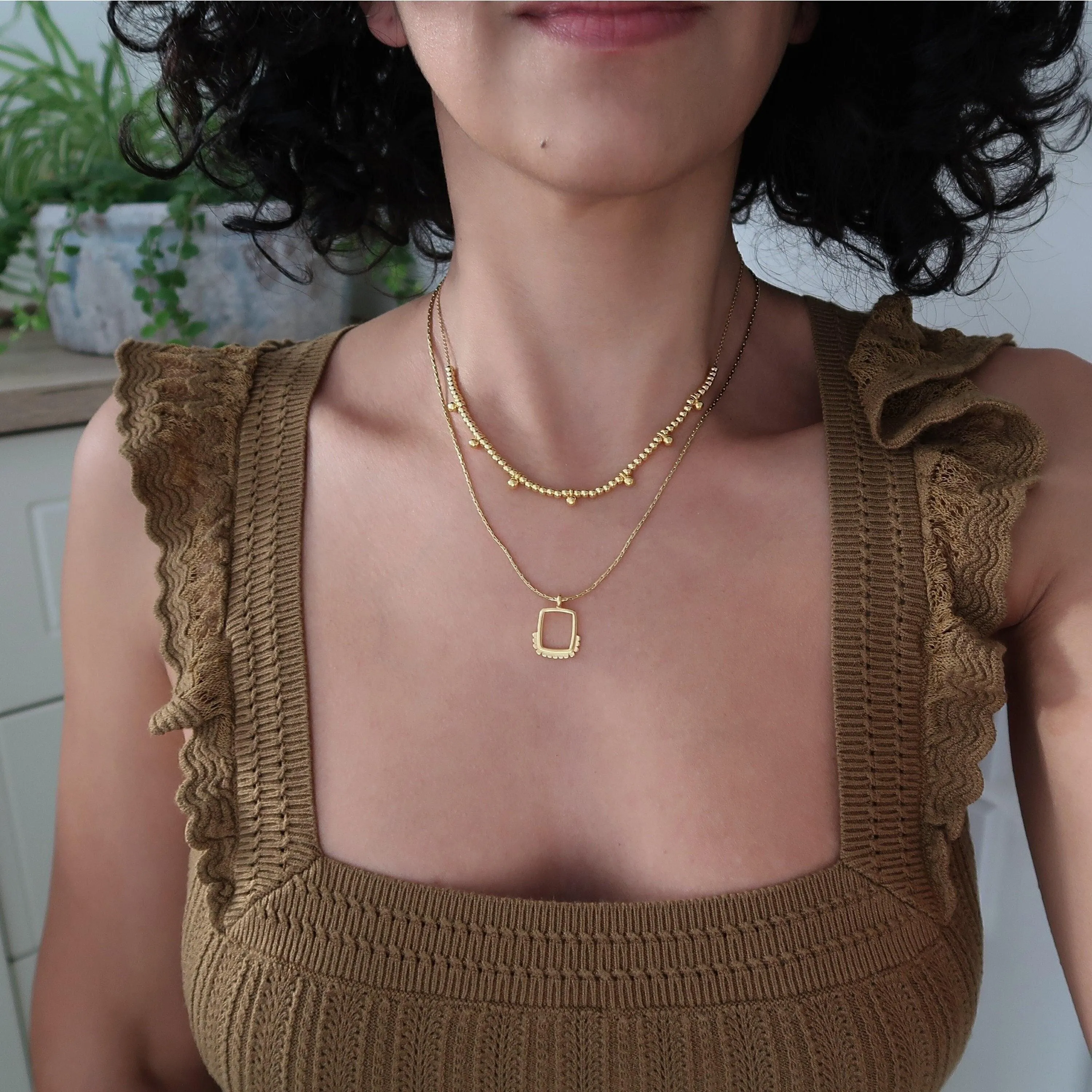 Set of 2 Gold Geometric Necklaces with Square Pendants