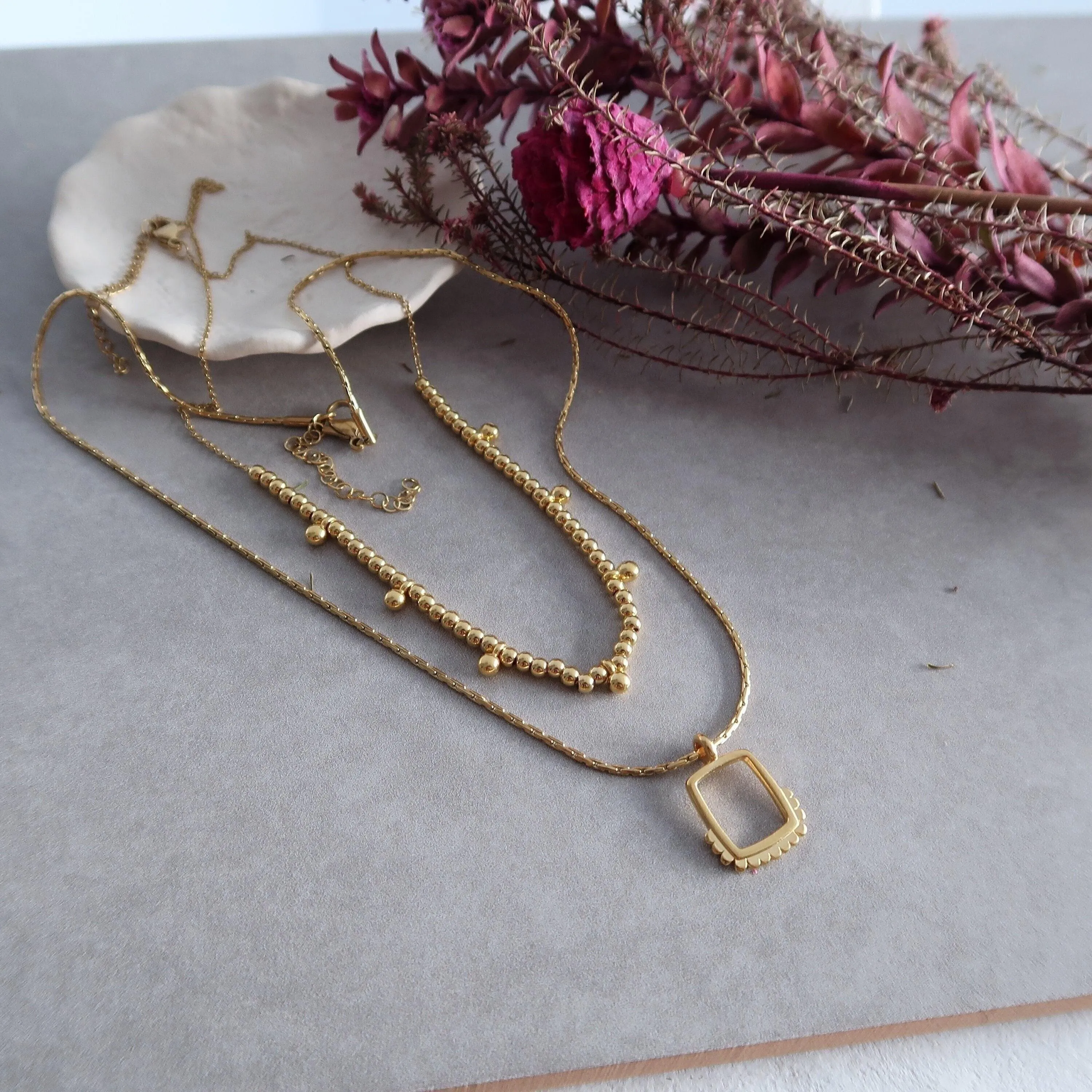 Set of 2 Gold Geometric Necklaces with Square Pendants