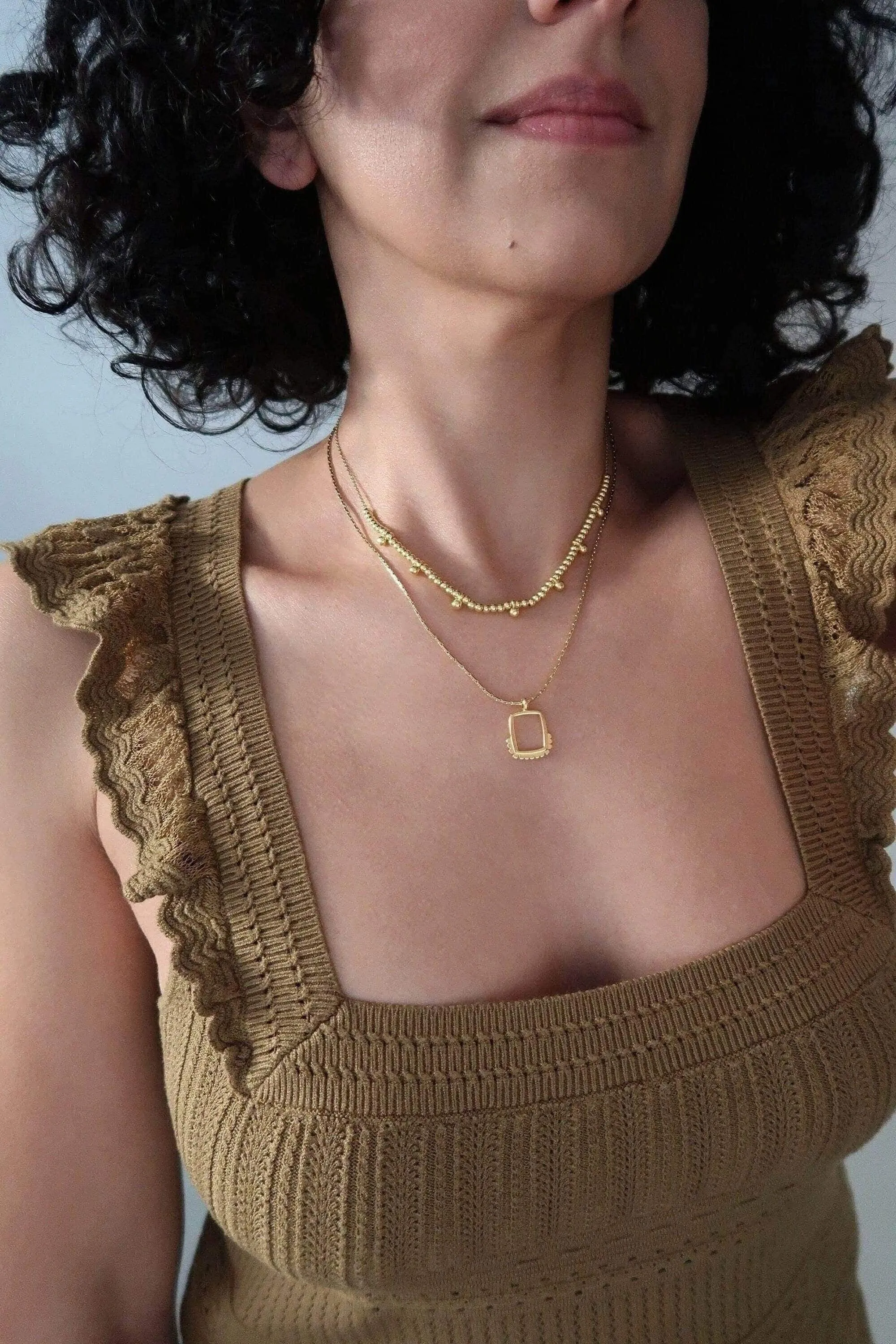 Set of 2 Gold Geometric Necklaces with Square Pendants