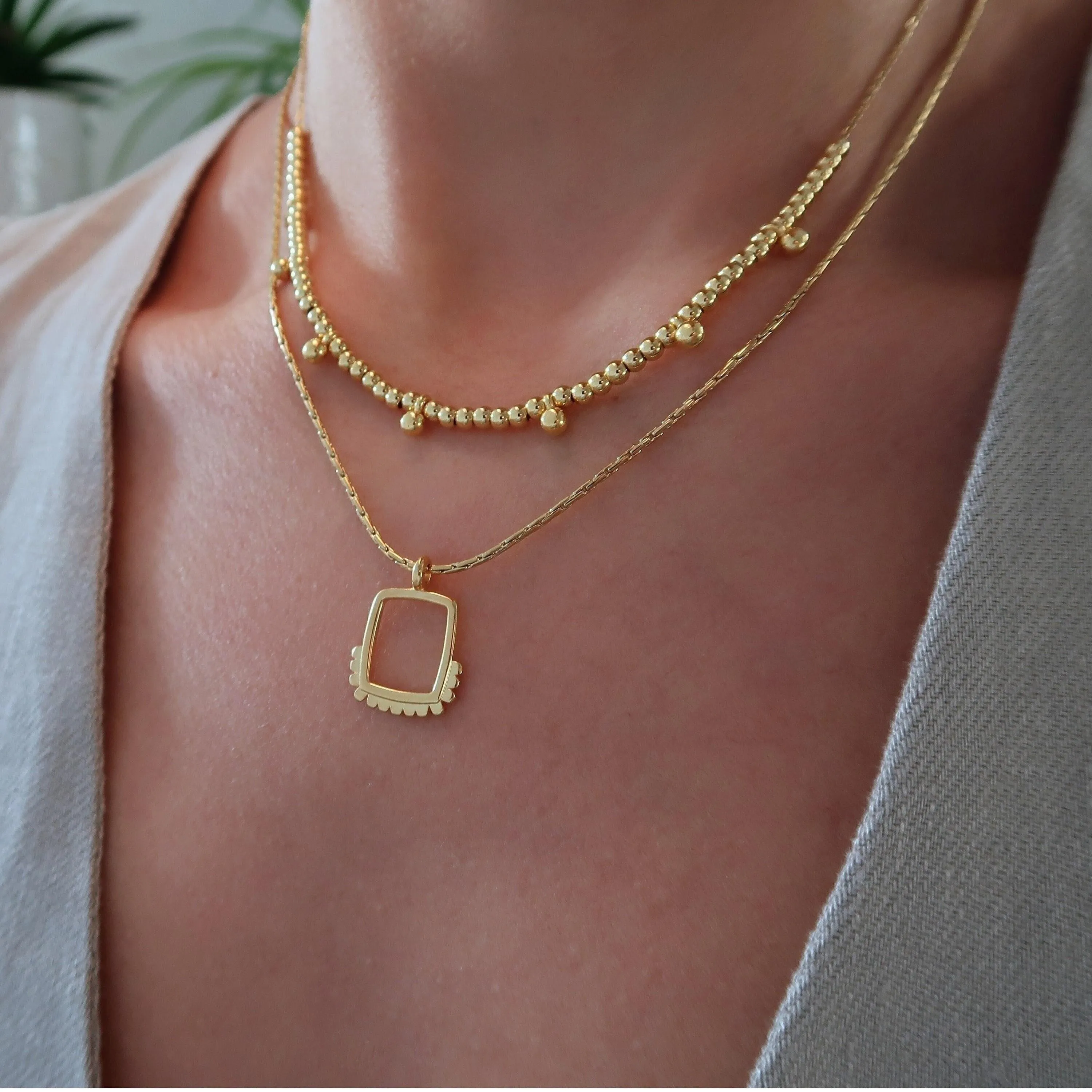 Set of 2 Gold Geometric Necklaces with Square Pendants