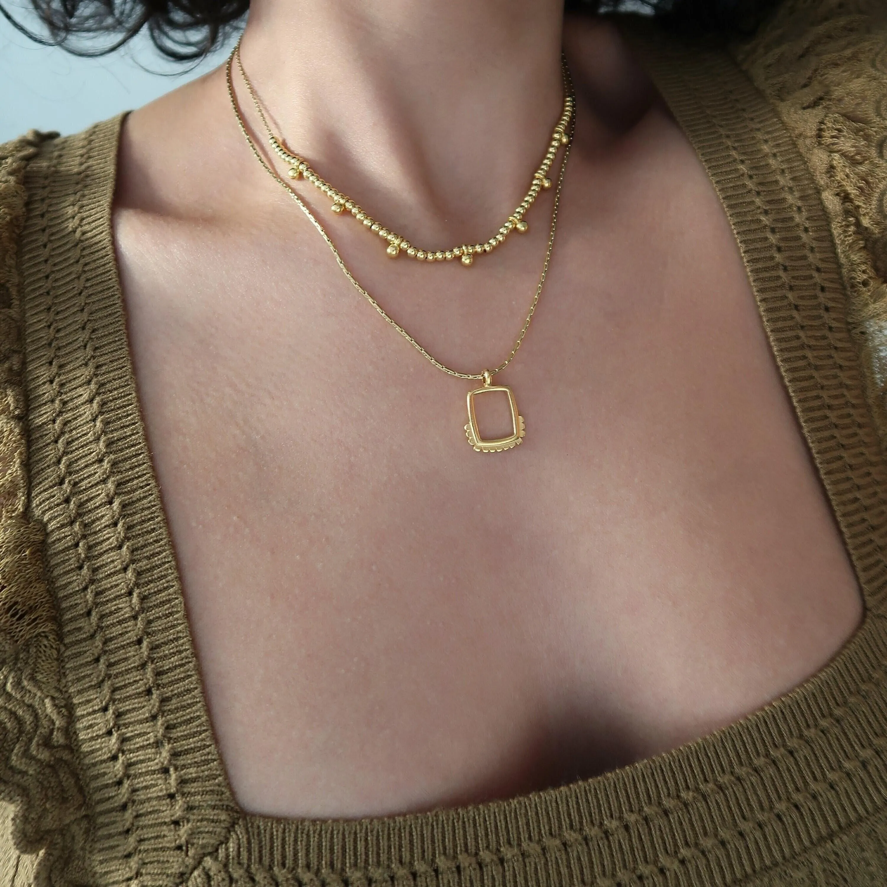 Set of 2 Gold Geometric Necklaces with Square Pendants