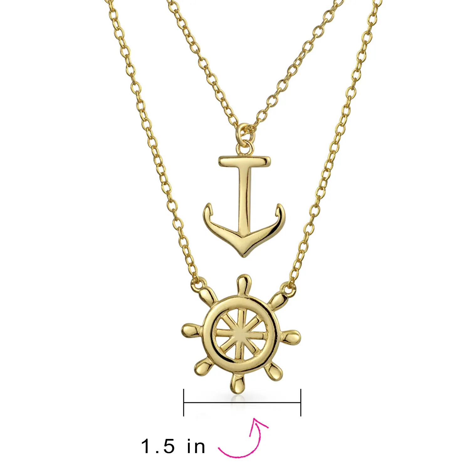 Set of 2 Nautical Ship Wheel & Anchor Pendant Necklace 14K Gold Plated Silver