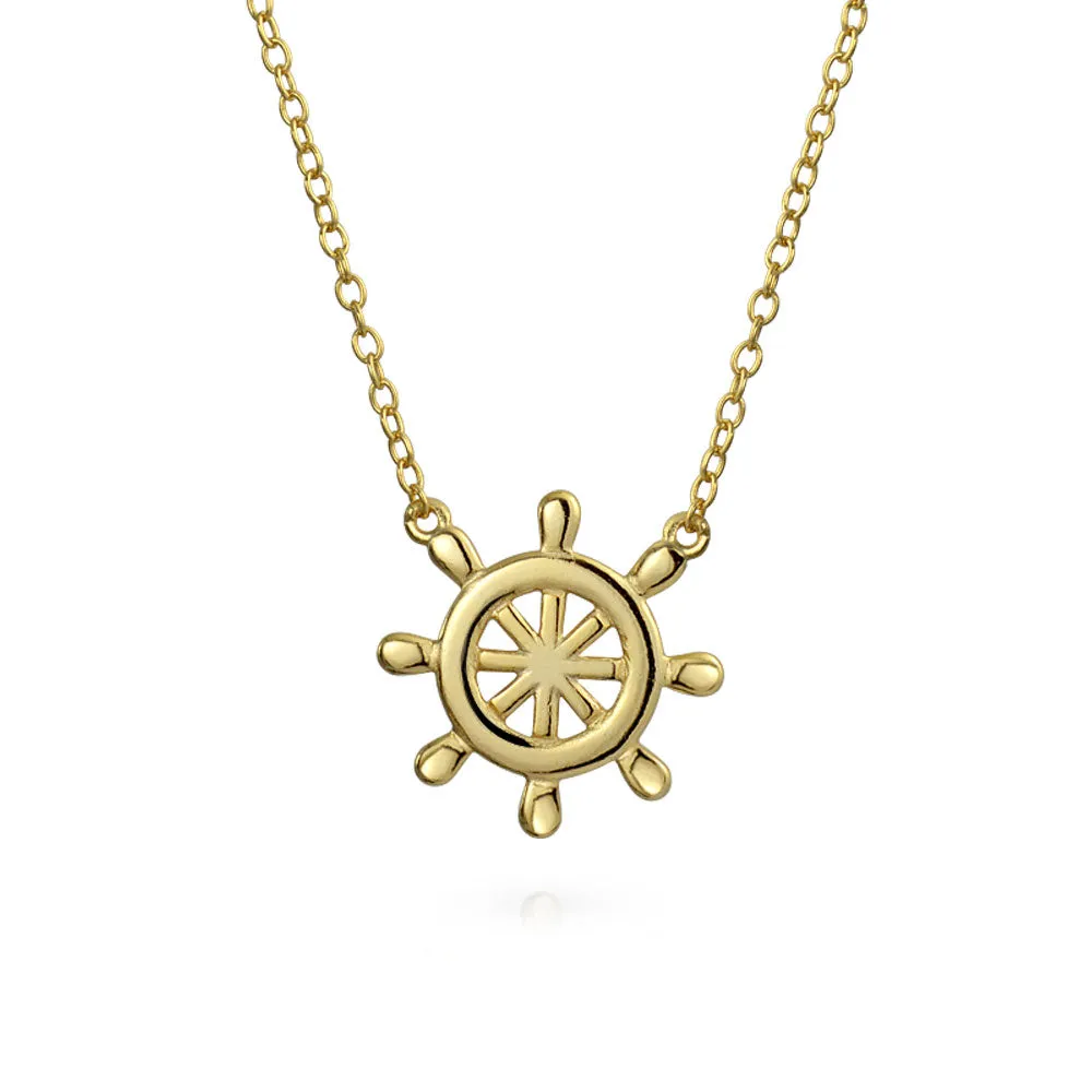 Set of 2 Nautical Ship Wheel & Anchor Pendant Necklace 14K Gold Plated Silver