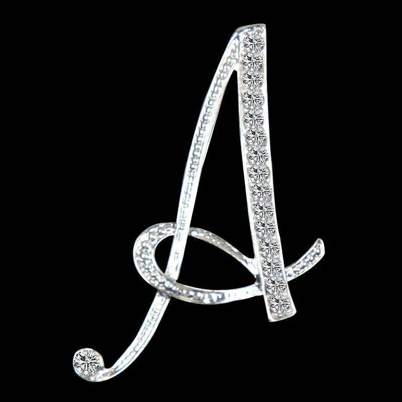 Silver A-N Letter Crystal metal Brooch