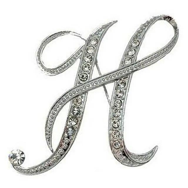 Silver A-N Letter Crystal metal Brooch