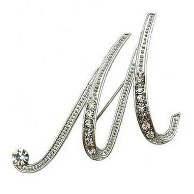 Silver A-N Letter Crystal metal Brooch