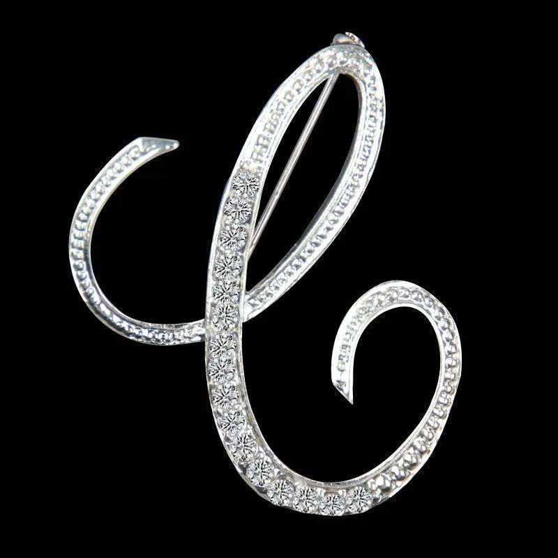 Silver A-N Letter Crystal metal Brooch