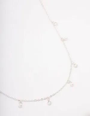 Silver Diamante & Pearl Drop Station Necklace