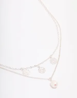 Silver Filigree Flower & Pearl Layer Necklace