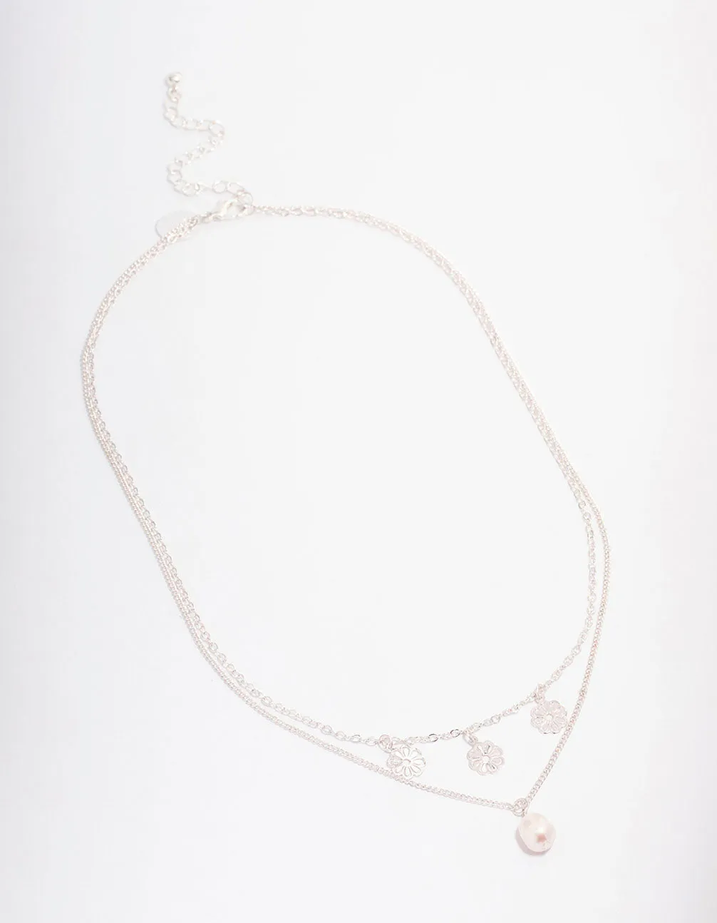 Silver Filigree Flower & Pearl Layer Necklace