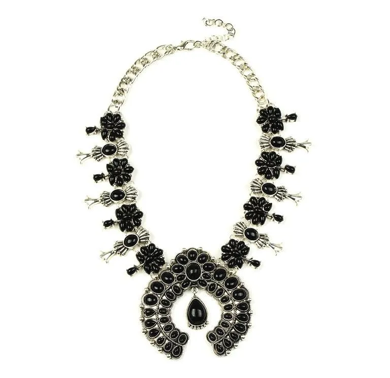 Silver Floral Squash Blossom Beaded Statement Necklace