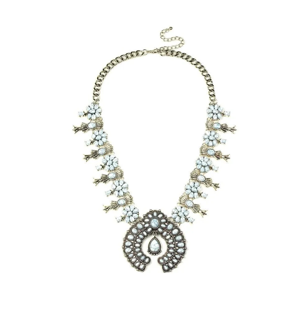 Silver Floral Squash Blossom Beaded Statement Necklace