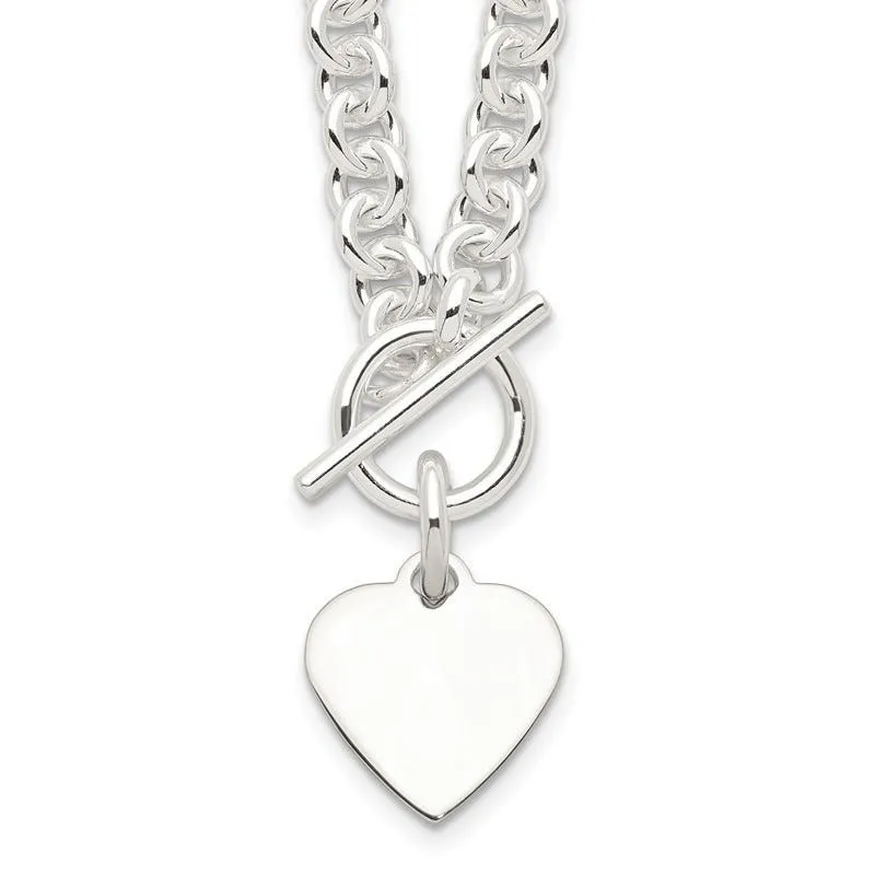 Sterling Silver Engraveable Heart Disc on Fancy Link Toggle 18in Necklace