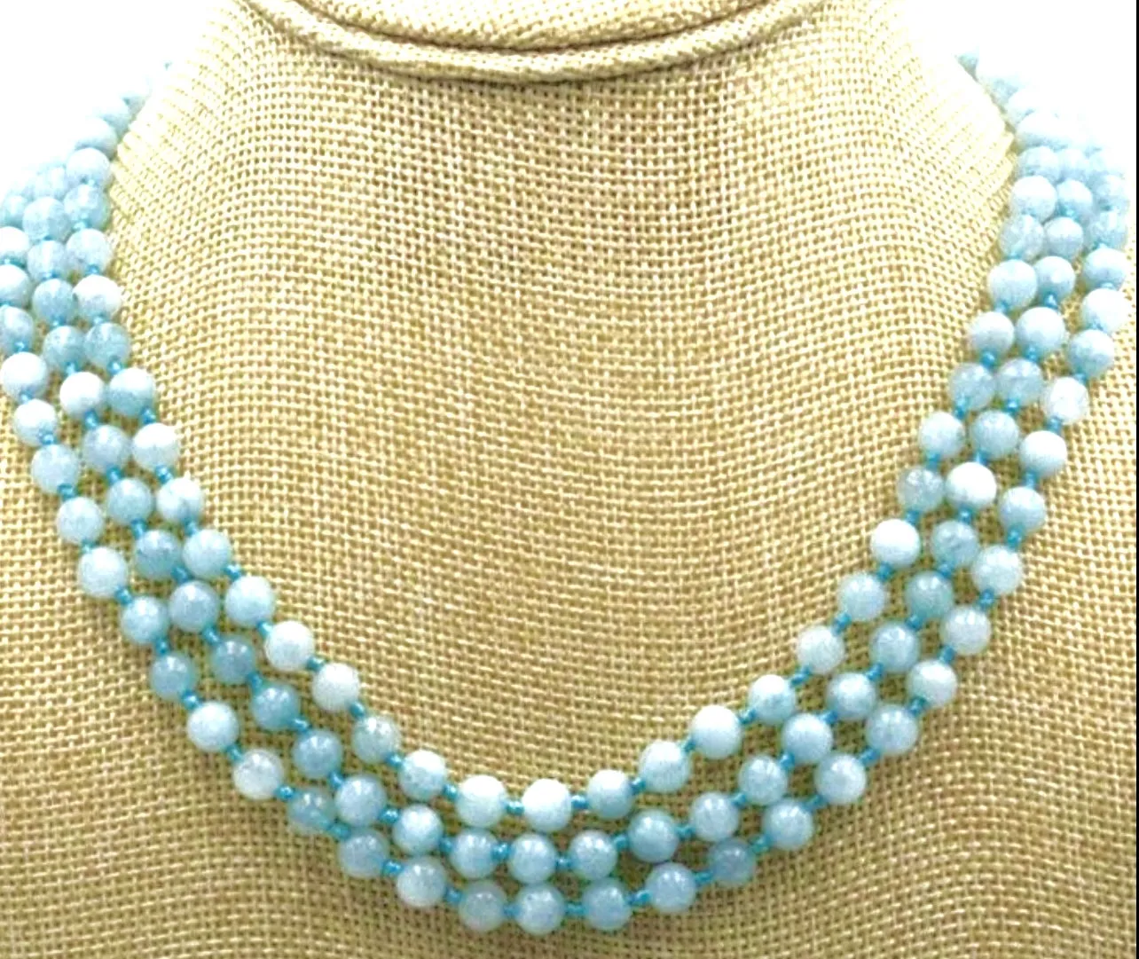 Timeless Blue Aquamarine Gemstones, Triple-Strand, Double-Knotted Statement Necklace