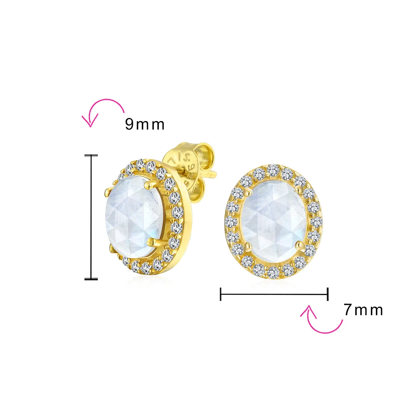 Traditional 2.3CT Pave CZ Stud Earrings with Ruby, Sapphire, Moonstone, or Quartz