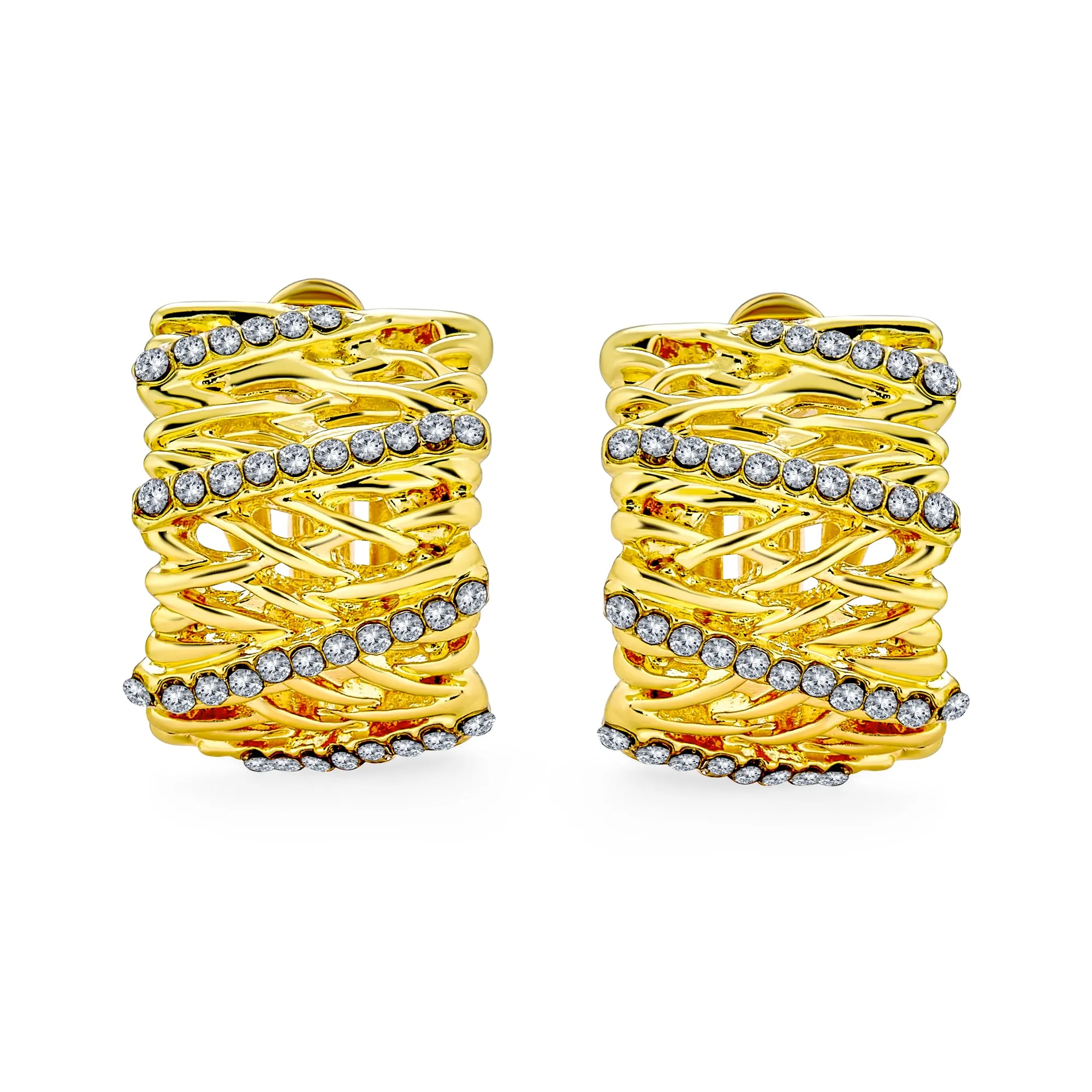 Traditional Twisted Cable Clip-On Earrings with Crystal Accent 14K Gold Plated