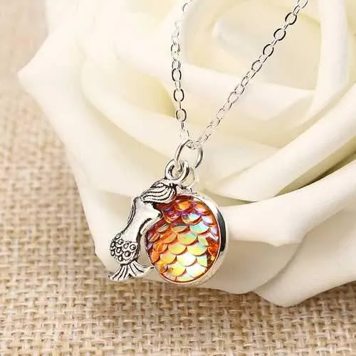 Trendy Time Gemstone Colorful Mermaid Scale Resin Pendant Delicate Silver Necklaces for Girl Women