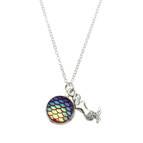 Trendy Time Gemstone Colorful Mermaid Scale Resin Pendant Delicate Silver Necklaces for Girl Women