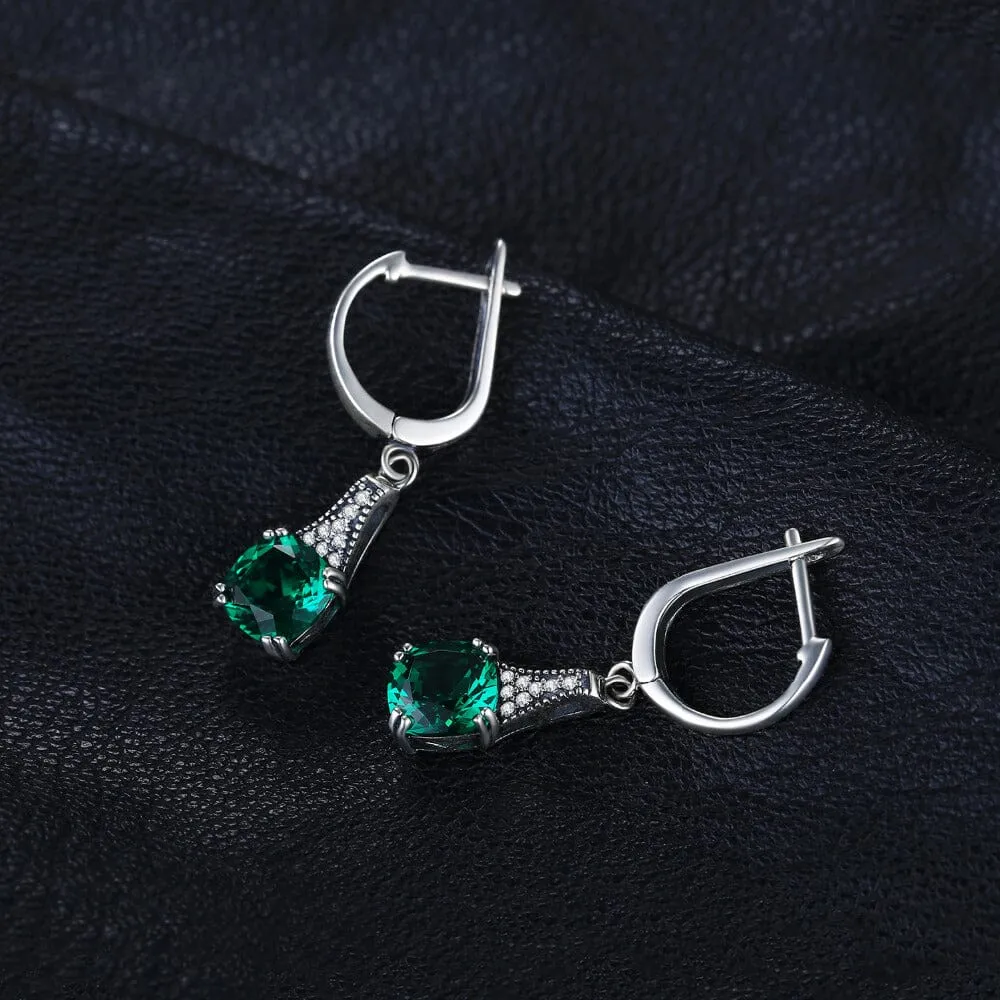 Unique Cushion Emerald Hoop Earrings - 925 Sterling Silver