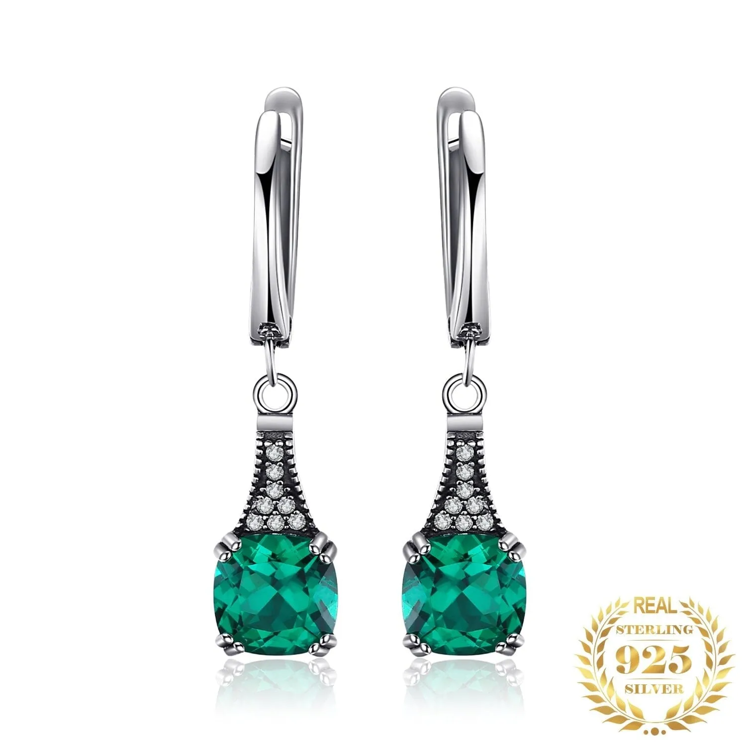 Unique Cushion Emerald Hoop Earrings - 925 Sterling Silver