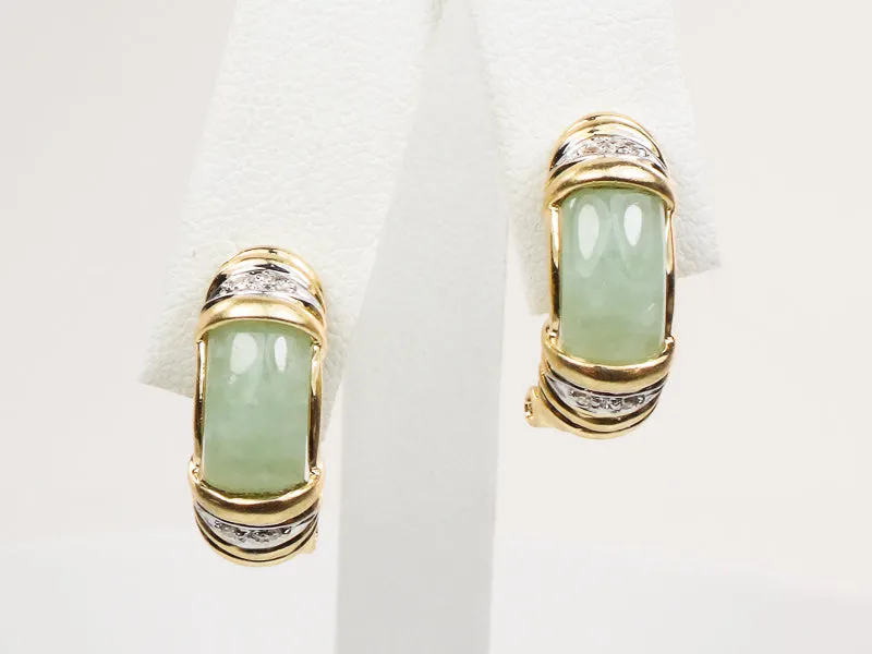 Vintage 14k Yellow Gold Chrysoprase and Diamond Accent Earrings with Omega Backs, Light Green Jade Look Earrings