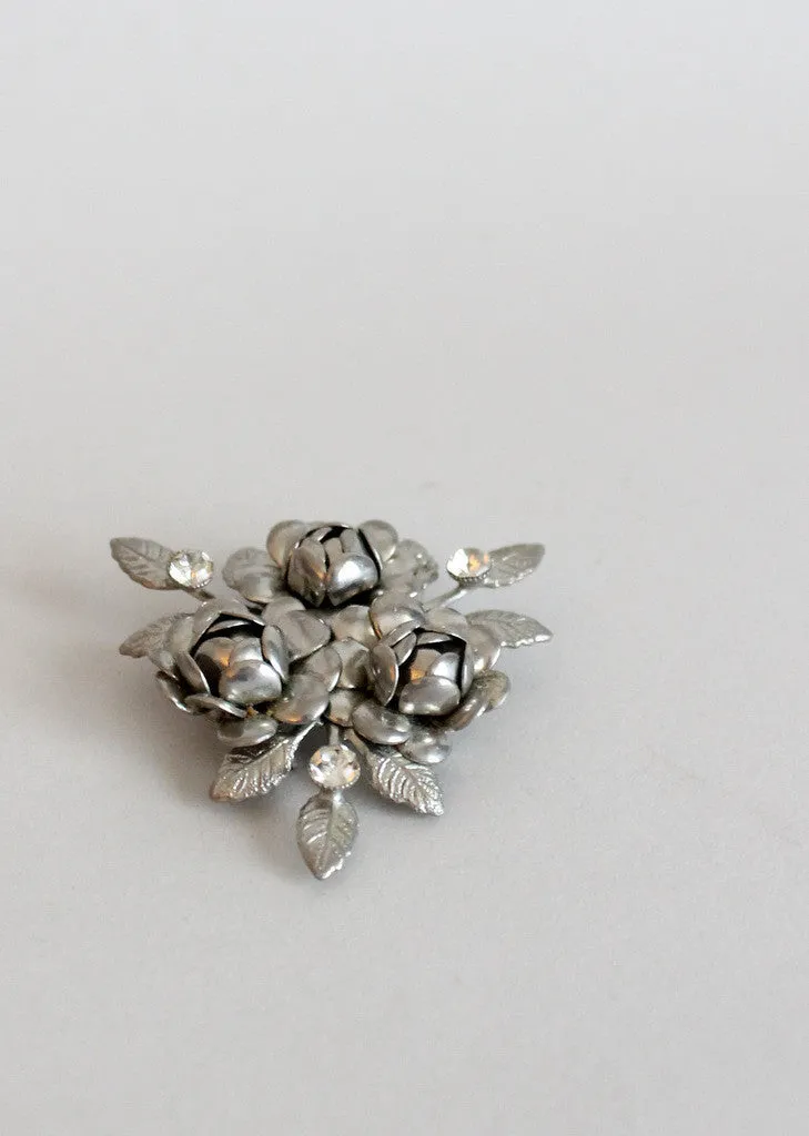 Vintage 1950s Roses and Rhinestones Brooch Pendant