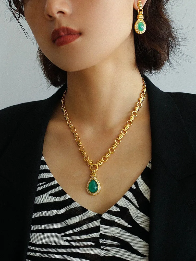 Vintage Green Crystal Chain Necklace